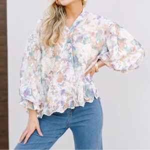 Fate Floral Embroidered Scalloped Blouse Multicolor Size Small Bubble Sleeve